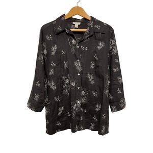 Charter Club black linen button up shirt 3/4 length sleeves embroidered beads 14